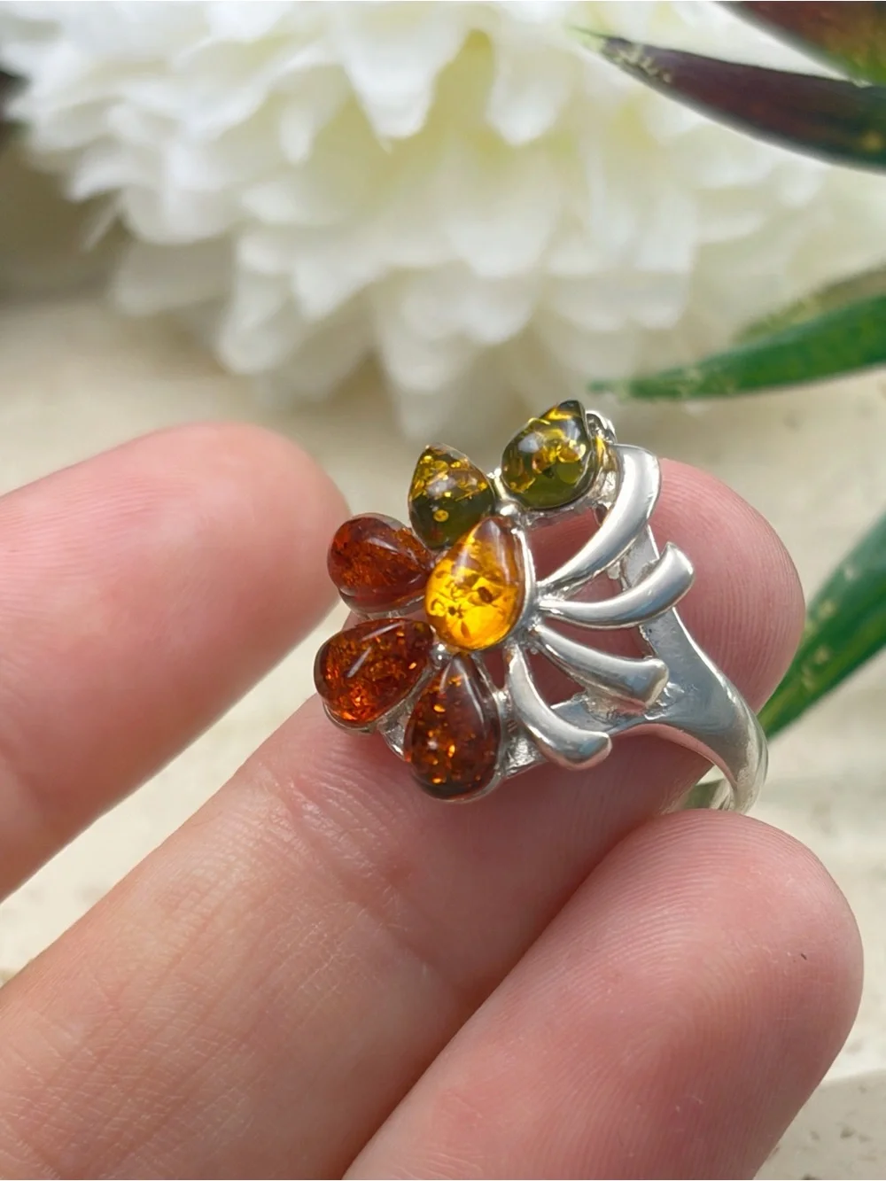Estate Sterling Silver 925 Amber Cluster Ring Size 7.5 7 1/2 Pear Multicolored